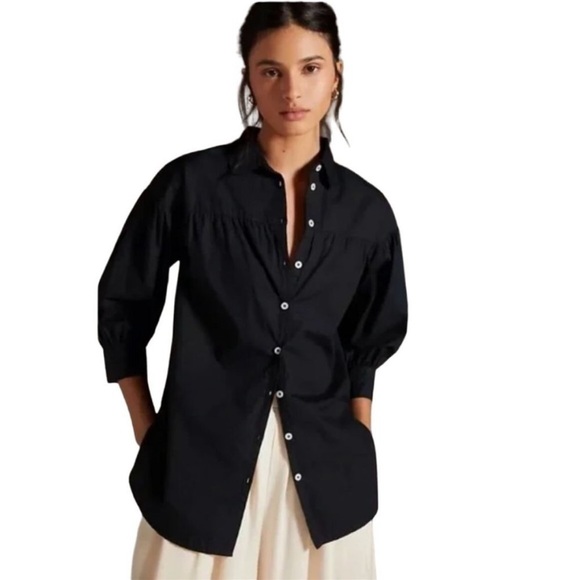 Anthropologie Tops - Anthropologie Maeve Black Poplin Puff Sleeve Button Down Shirt Size M
